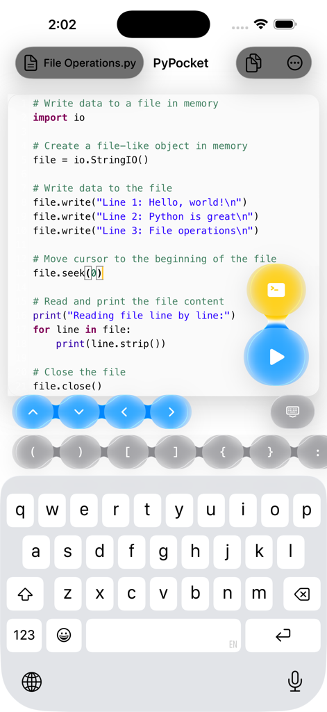 PyPocket - Python code editor interface on iPhone with syntax highlighting and specialized coding keyboard shortcuts