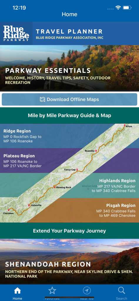 블루리지 파크웨이 여행 플래너 앱의 홈 화면으로, 지역 가이드와 오프라인 지도 옵션을 보여줍니다.