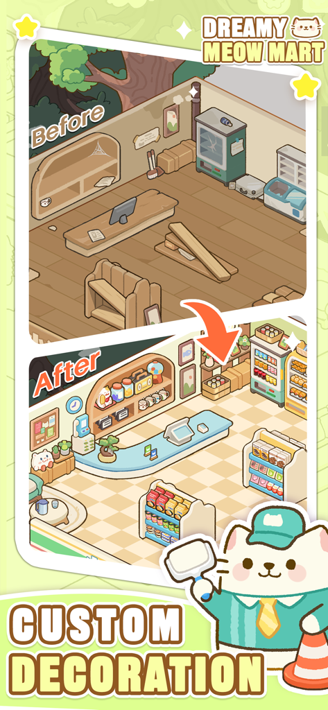 Before and after shop renovation in the Dreamy Meow Mart game