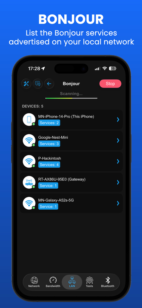 WIFI Analyzer - DNS Speed Test - Une capture d'écran du navigateur de services Bonjour affichant une liste d'appareils connectés et leurs services actifs sur un réseau local.