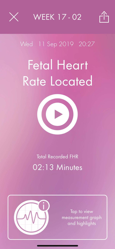 HeraBEAT app screen confirming fetal heart rate located at week 17 with recording details