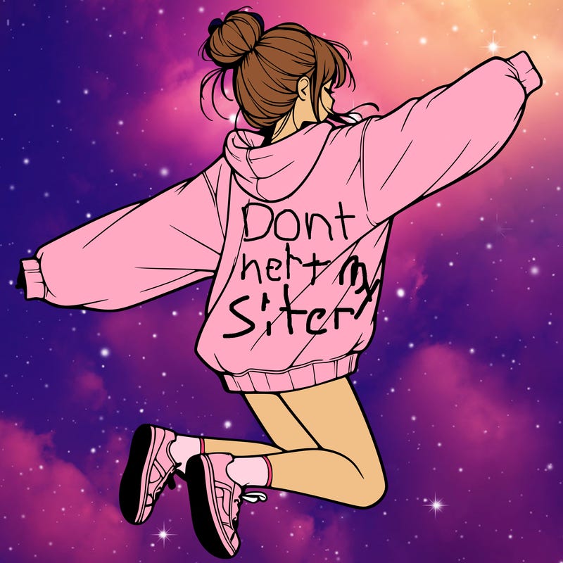 realistic girl jumping with a bun and oversized sweatshirt