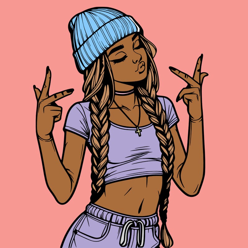 realistic teenage girl with braids and a beanie and crop top doing 🫶🏼