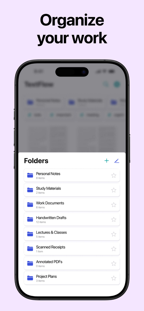 iPhone screen showing various organized folders in the Notebook note taking app