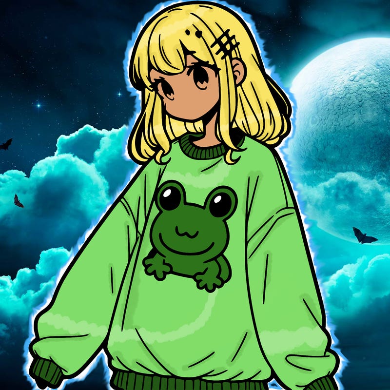 girl wearing frogging sweatshirt