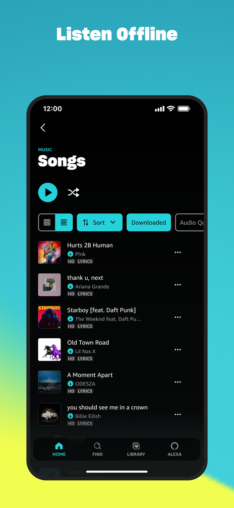 Mobile interface of the Amazon Music app showing a list of downloaded songs available for offline listening.