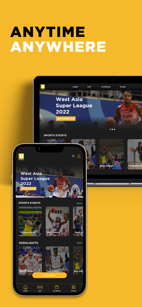 YouSports - YouSports app interface on mobile and tablet displaying FIBA WASL basketball games and highlights.
