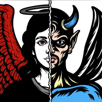 a split with one side a realistic detailed angel and one side a realistic detailed devil