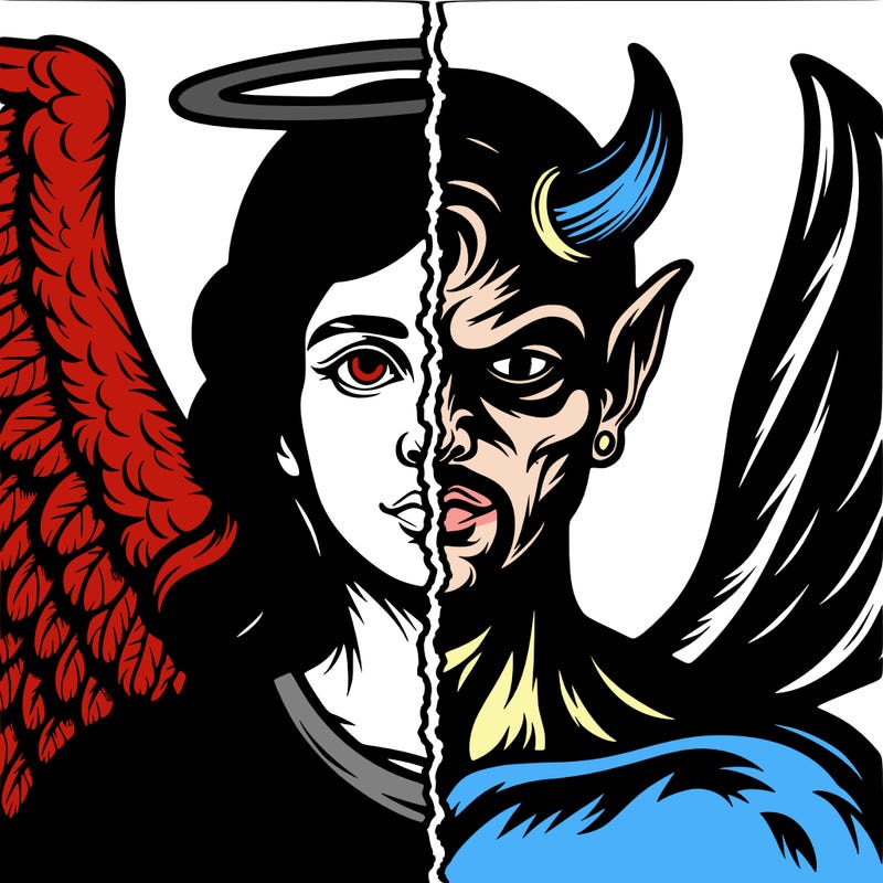 a split with one side a realistic detailed angel and one side a realistic detailed devil