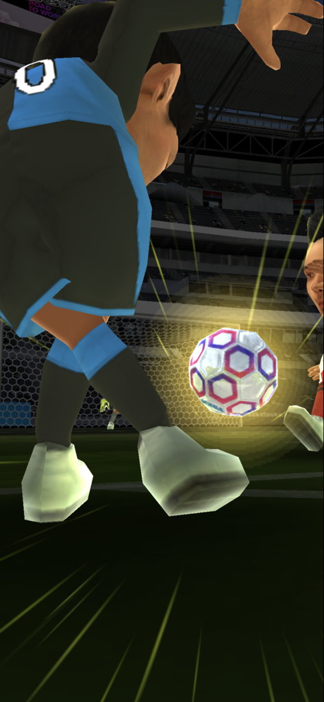 SEGA POCKET CLUB MANAGER - A 3D character in a blue and black kit kicking a glowing soccer ball in a stadium