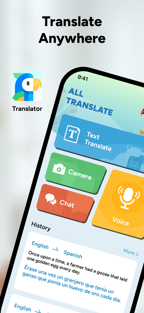 TransPro: Language Translator - Pantalla de inicio de la aplicación TransPro que muestra funciones de traducción de texto, cámara, chat y voz