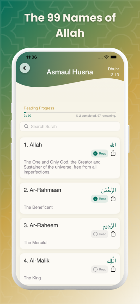 Ikra: Quran, Prayer and Dhikr - Ikraアプリの99のアッラーの名前の画面。英語翻訳とアラビア文字が表示されています。