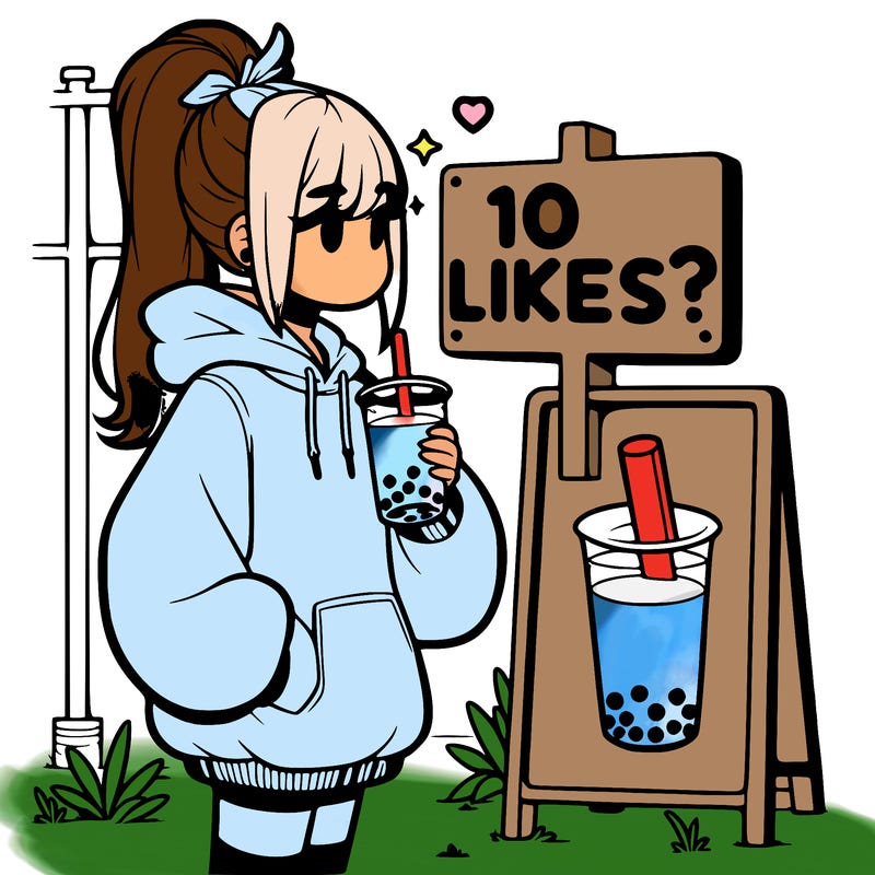 girl with oversized hoodie drinking boba and she has a high ponytail with a sign that says 10likes?