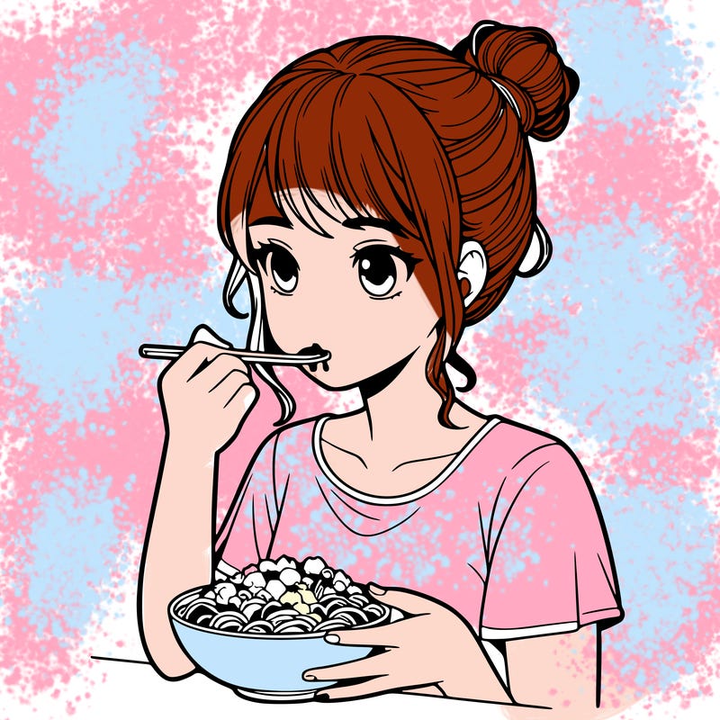 a realistic girl, eating food