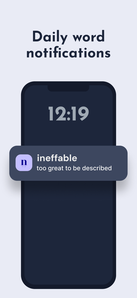 A smartphone screen displaying a daily word notification from the nodu app for the word ineffable.