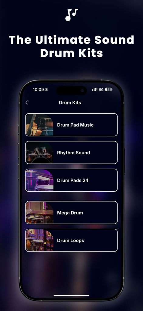 Drum Pads Electronic Drums - A mobile app screen showing a menu of drum kit categories including rhythm sounds and drum loops