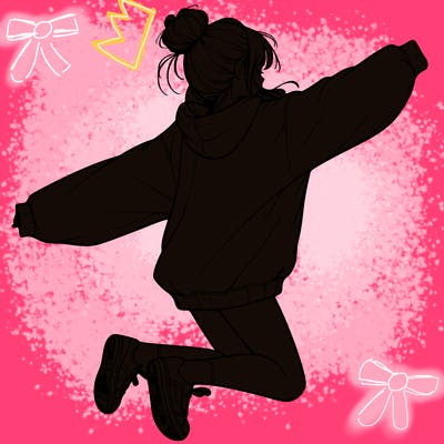 realistic girl jumping with a bun and oversized sweatshirt