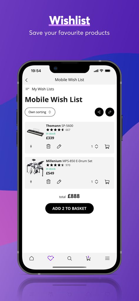 A smartphone displaying the Thomann app wishlist feature with a digital piano and electronic drum set added to the list