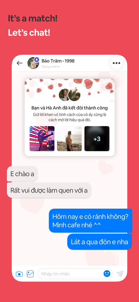 YmeetMe: Chat hẹn hò, kết bạn - A screenshot of the YmeetMe dating app showing a chat interface with a successful match notification and message exchange.