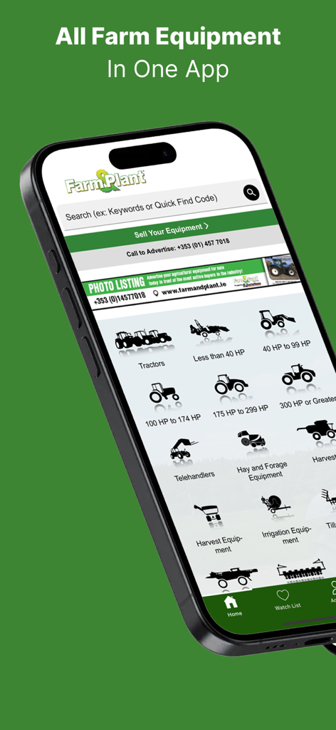 Farm And Plant - Pantalla de inicio de la aplicación Farm and Plant que muestra iconos para diferentes categorías de equipos agrícolas como tractores y manipuladores telescópicos.