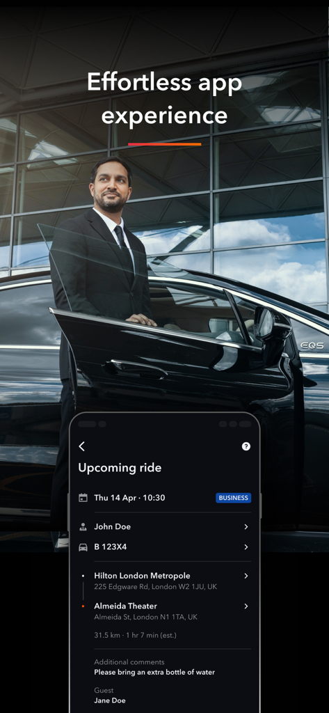A professional chauffeur next to a luxury vehicle with the Blacklane app displaying upcoming ride information