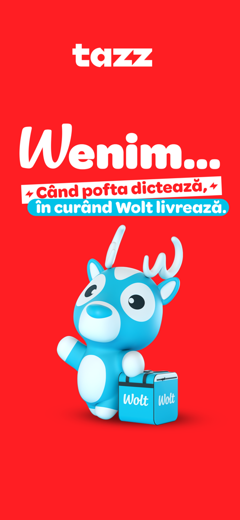 A promotional screen showing the Tazz logo and a blue reindeer character with a Wolt delivery bag on a red background announcing the transition to Wolt.