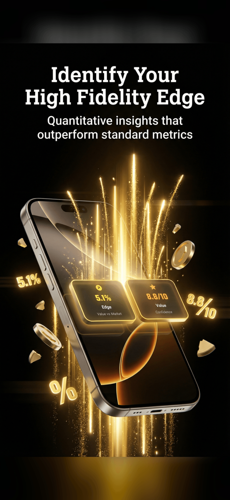 DeepChamp AI: Sports Betting - Interfaz de la aplicación DeepChamp AI mostrando métricas cuantitativas de ventaja de apuestas deportivas y confianza de valor en un teléfono inteligente con efectos de luz dorada.