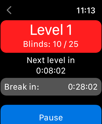 Heads up! - Poker Blind Timer - Heads Up Poker Blind Timer interface on Apple Watch showing Level 1 blinds and countdown to next level