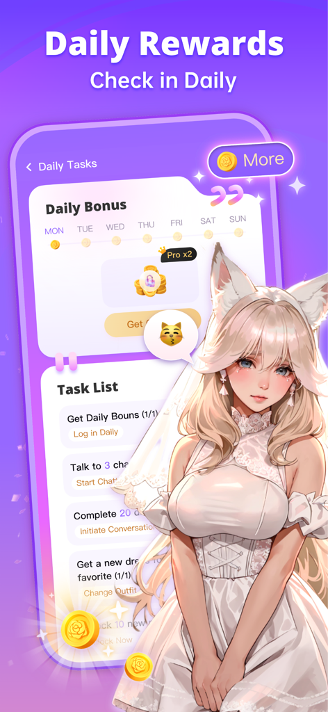 Rosytalk-RP lover AI character - Captura de pantalla de la aplicación Rosytalk que muestra recompensas diarias, una lista de tareas y un compañero de personaje de anime con orejas de zorro.