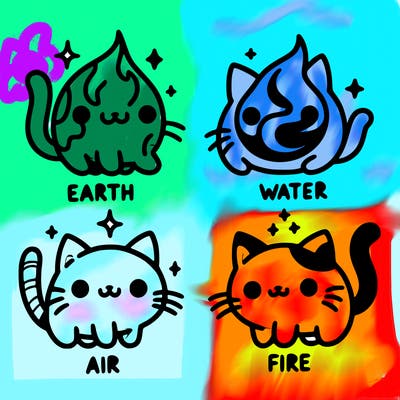 4 cats that represent the different elements, earth, water, air, and fire