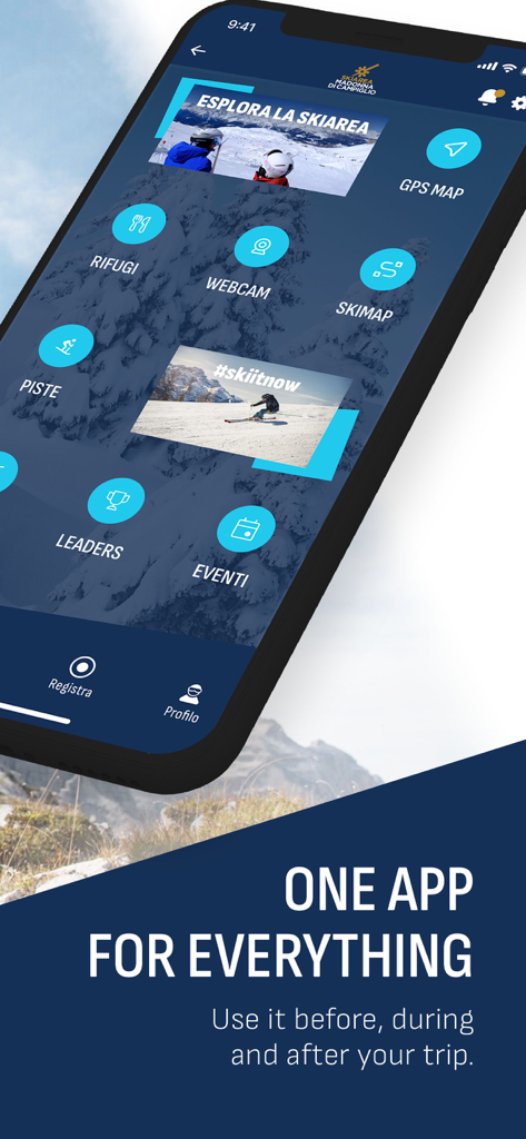 Skiarea Madonna di Campiglio - Skiarea Madonna di Campiglio mobile app dashboard with ski resort features