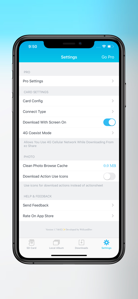 ezShare Lite plus settings menu on iPhone showing advanced SD card and download options