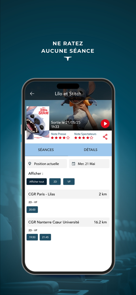 CGR Cinémas - Smartphone screen displaying movie showtimes for Lilo and Stitch in the CGR Cinémas app