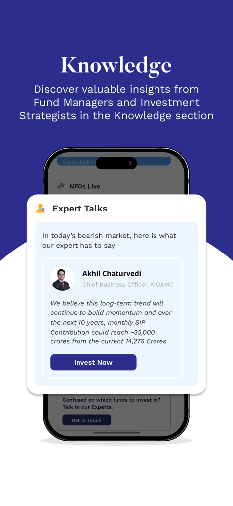 Uma captura de tela da seção Conhecimento no aplicativo Motilal Oswal apresentando Palestras de Especialistas de estrategistas de investimento.