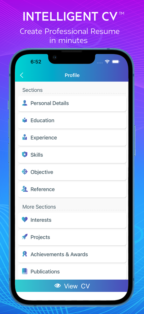 Resume : Intelligent CV Maker - 履歴書の教育、職務経験、スキルなどのセクションを示すインテリジェントCVアプリのモバイルインターフェイス。