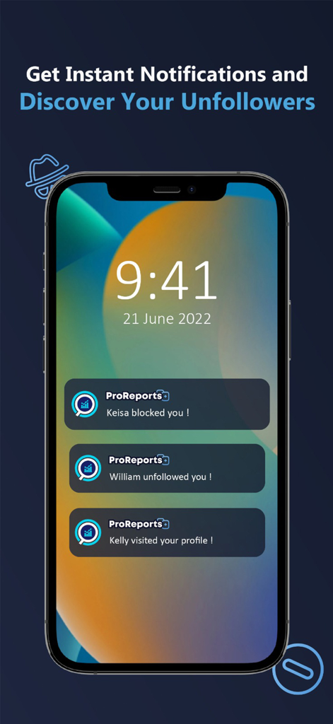 ProReports+ Unfollowers IG - Smartphone lock screen displaying ProReports notifications for Instagram unfollowers blockers and profile visitors