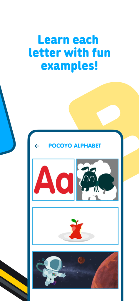 Interfaz de la app Pocoyó Alfabeto mostrando la letra A con ilustraciones de hormiga, manzana y astronauta