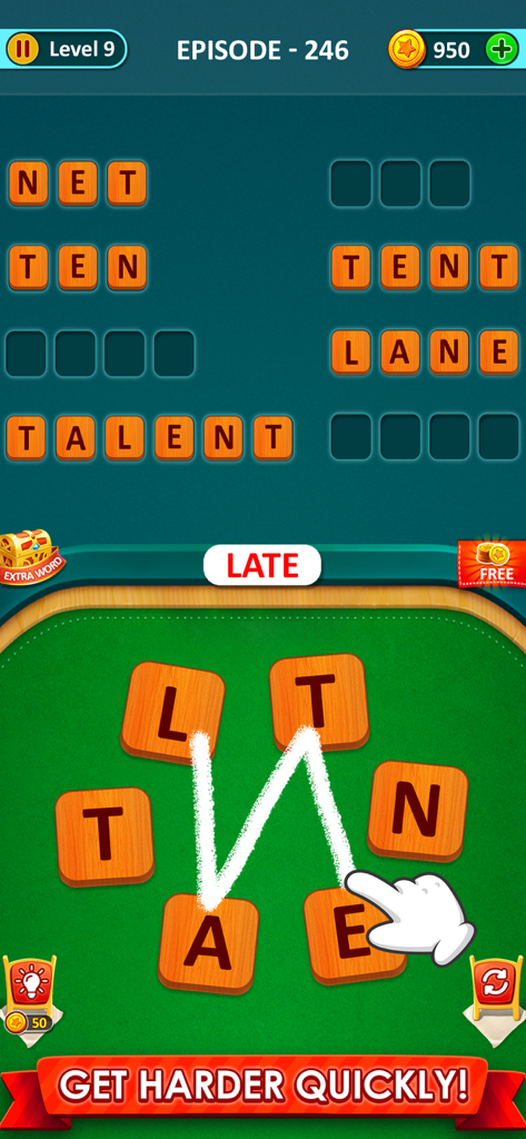 Word Game 2026: Word Connect - A mobile word connect puzzle interface showing a hand swiping between letters to form words on a green game board.