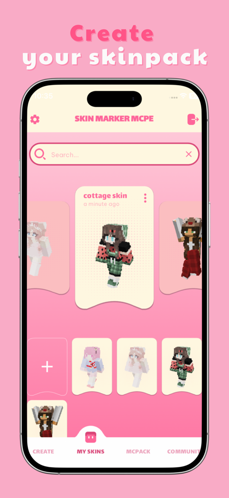 Interface de aplicativo móvel mostrando uma coleção de skins personalizadas de Minecraft para criar um pacote de skins.