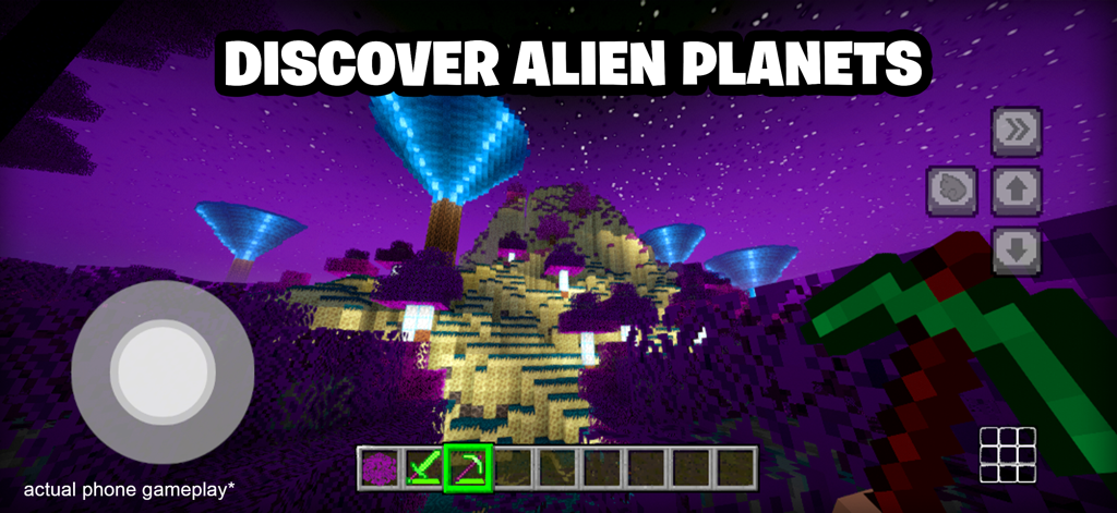 Build World: Sandbox Survival - First-person view of a player exploring a blocky alien planet with purple terrain and glowing blue mushroom trees in Build World