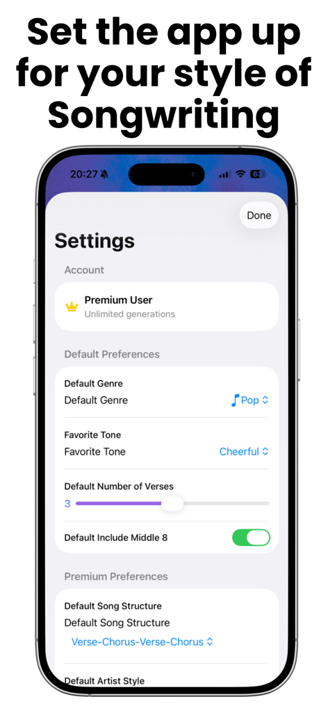 AI Song Lyric Writer Generator - Einstellungen-Bildschirm der KI-Songtext-Generator-App mit Anpassungsoptionen für Genre, Ton und Songstruktur