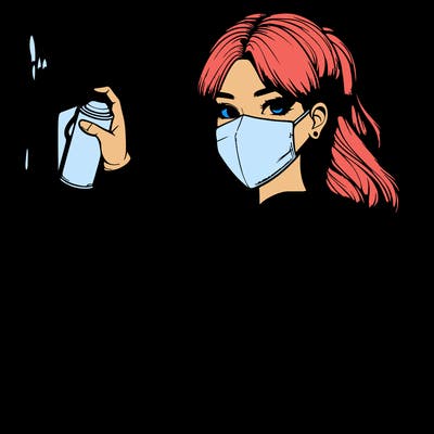 realistic girl with mask spray painting a wall