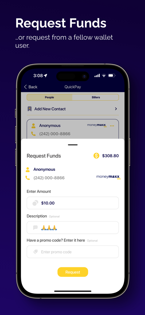 MoneyMaxx - MoneyMaxx mobile Wallet App-Oberfläche, die die Funktion "Geld anfordern" für Geldtransfers von Person zu Person zeigt