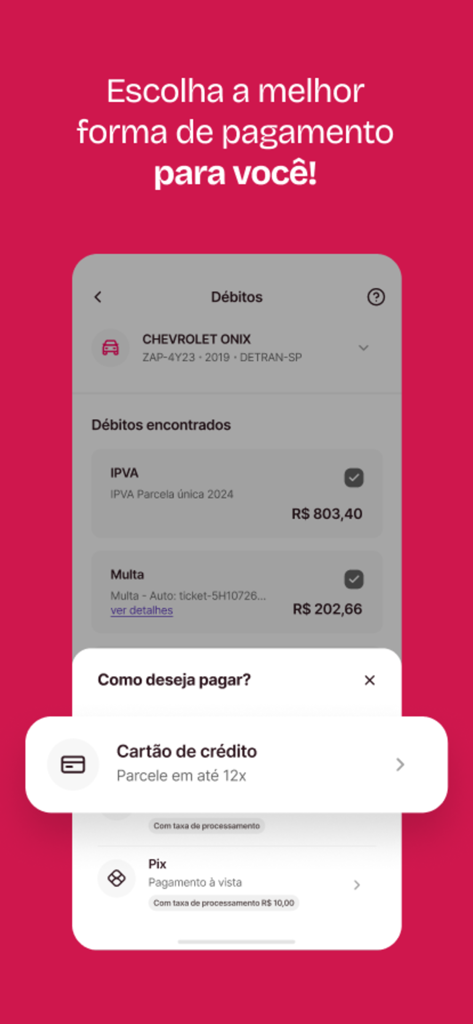 Zapay app screen showing vehicle debt payment options including credit card installments and Pix