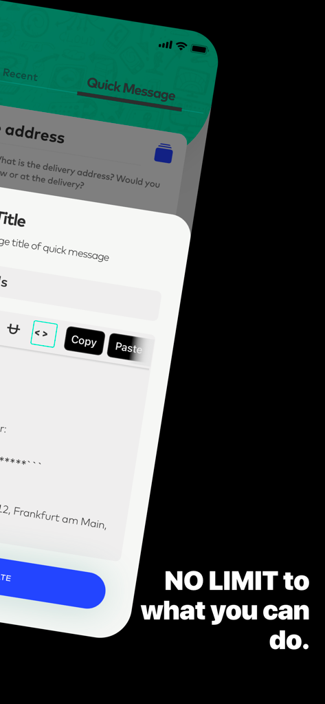 The Quick Message interface in the Direct Message for WhatsApp app showing a message template for a delivery address