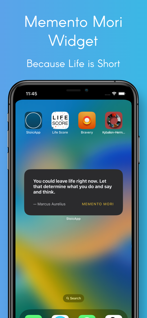 Stoic App - Stoicism for Life - iPhone home screen displaying the Stoic App Memento Mori widget with a quote by Marcus Aurelius