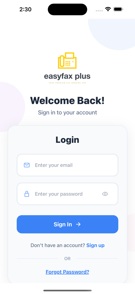 Easy Fax Plus - Pantalla de inicio de sesión de la aplicación Easy Fax Plus que muestra los campos de entrada de correo electrónico y contraseña con un botón de inicio de sesión