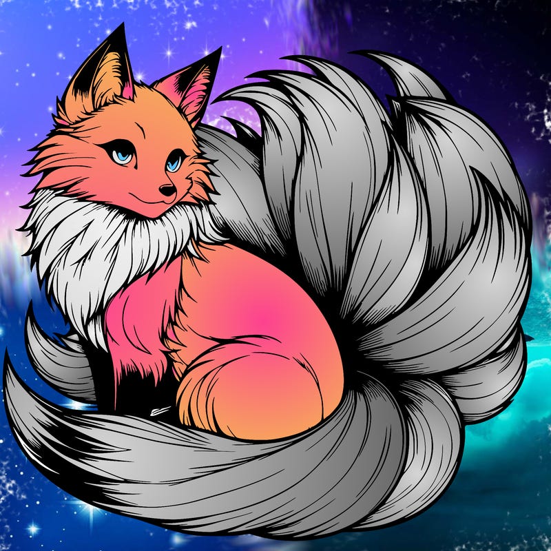 realistic detailed 9 tailed anime fox