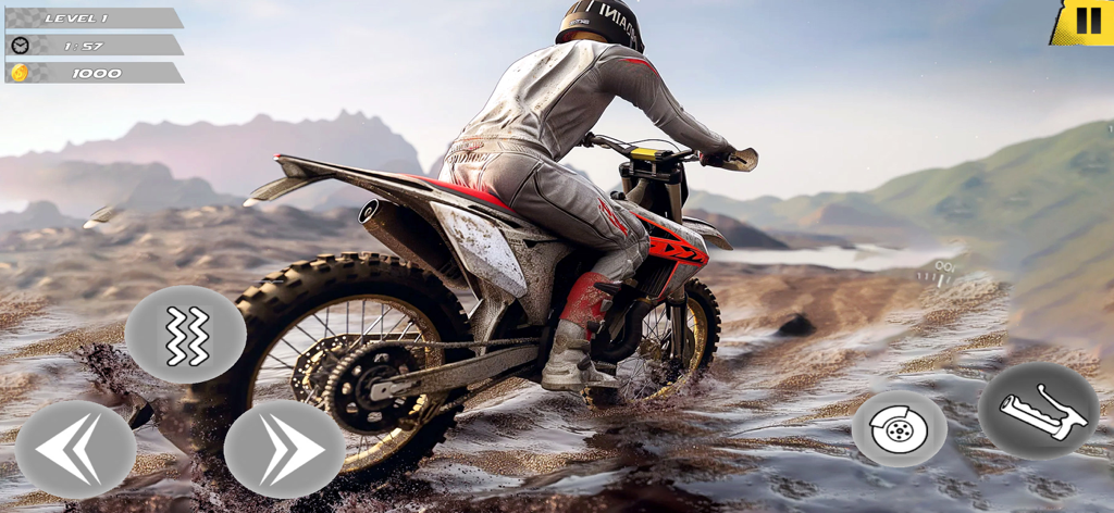Off-road Dirt Bike Racing Game - Un motard de motocross courant sur un terrain boueux avec des montagnes en arrière-plan et des commandes de jeu mobile à l'écran.