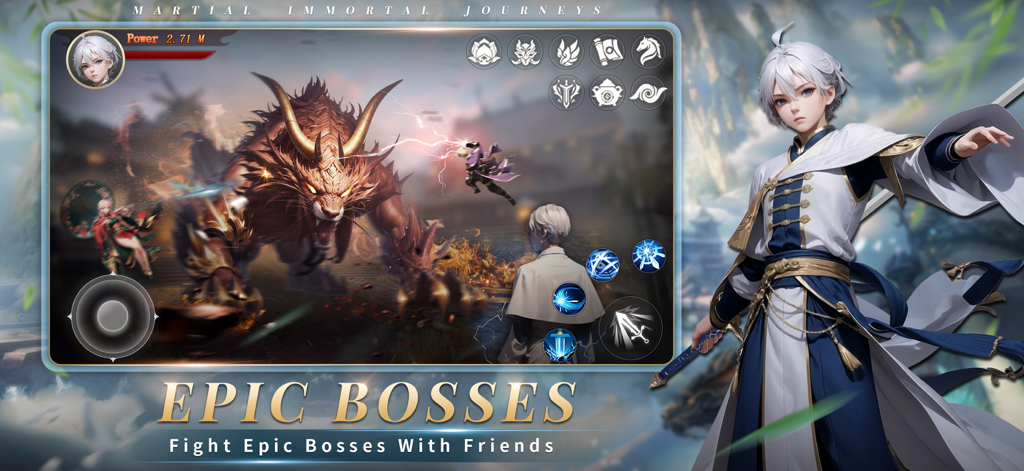 Martial lmmortal Journeys - A character in white and blue robes fighting a giant horned mythical beast in a boss battle